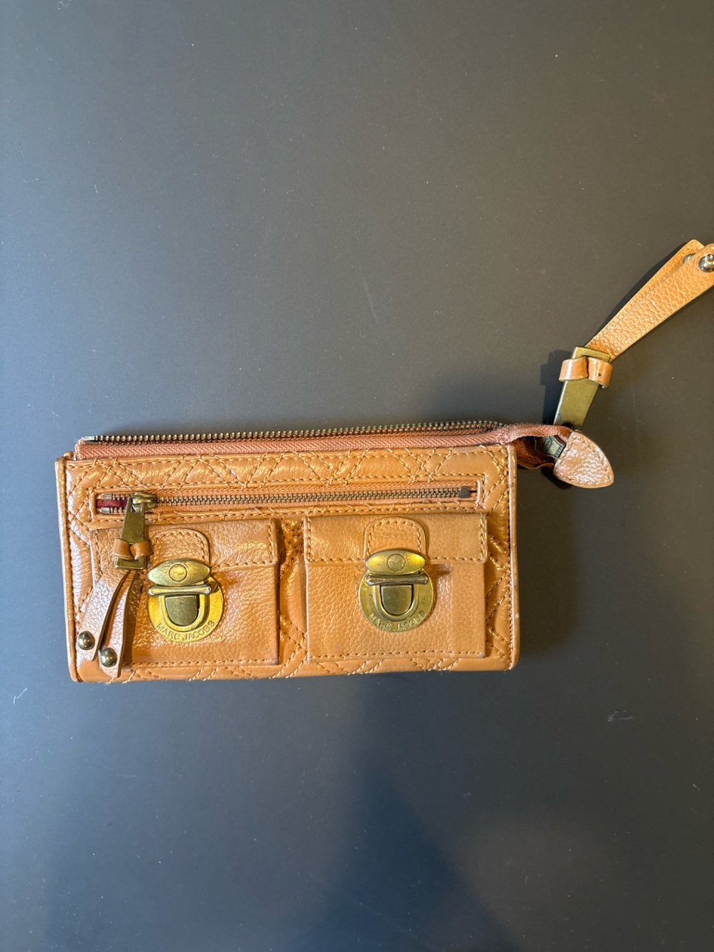 Marc Jacobs Tan Leather Zip Card Holder Wristlet